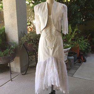 White leather and lace dress with jacket
